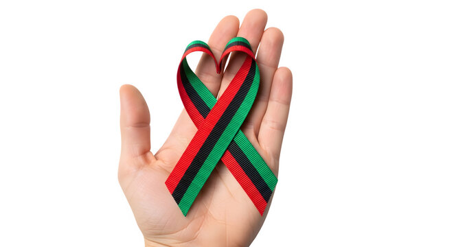 Hand holding a heart shaped Juneteenth ribbon on a transparent background