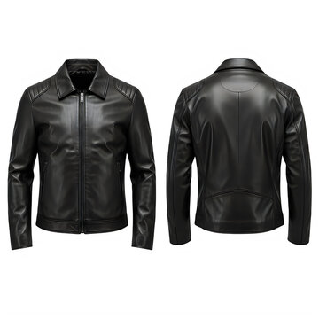 Black leather motorcycle jacket front and back view