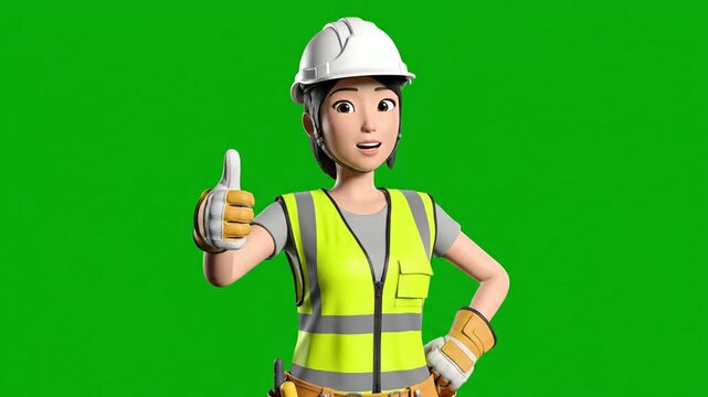 3D Construction Worker Waving Hello and Giving Thumbs Up on Green Screen