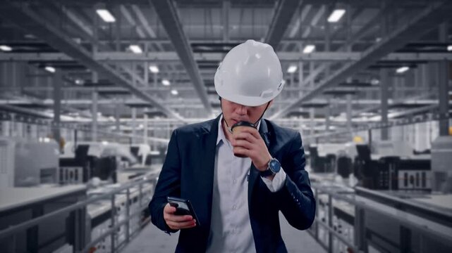 Front View of Asian Businessman Use Smartphone, Drink Coffee While Walking at Modern Solar Panel Manufacturing Factory with Automated Robotic Assembly Line