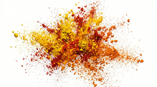 Explosion of vibrant spices like turmeric and paprika in mid-air against a clean white background with dramatic motion