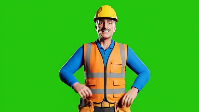 Construction Worker Gesturing Green Screen 3D Animation - Ready for Chroma Key