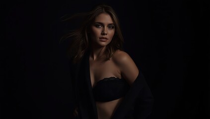Fototapeta premium Female in lingerie against dark backdrop