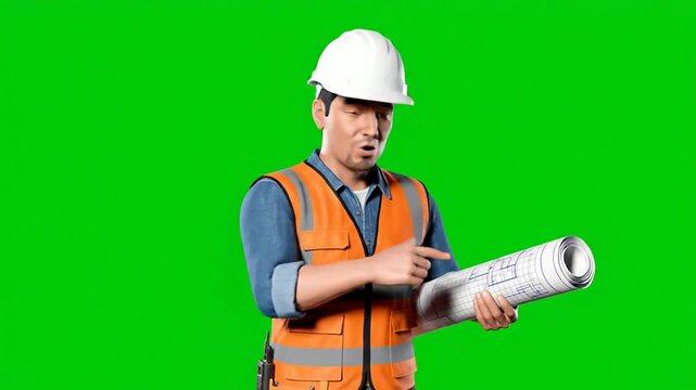 Construction Worker Green Screen 3D Blueprint Roll Gesturing