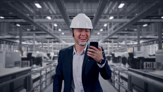 Front View of Asian Businessman Use Smartphone, Video Call While Walking at Modern Solar Panel Manufacturing Factory with Automated Robotic Assembly Line