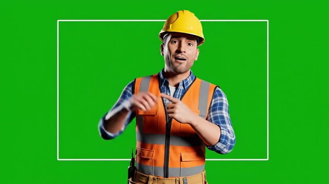 Construction worker green screen 3d gesturing, blueprint, safety gear, pointing