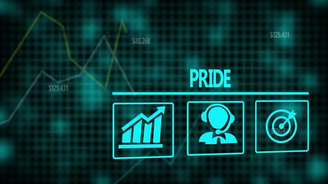 Pride business concept on a flashing computer monitor with moving graphs and data.