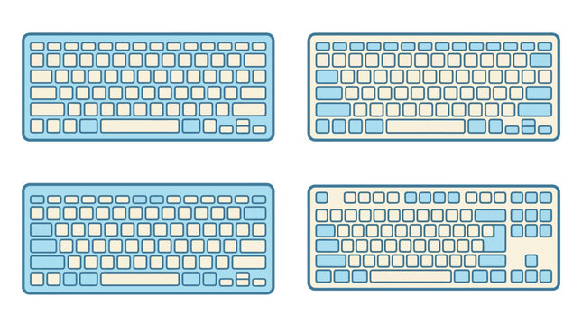 Four different computer keyboard layouts on a white background