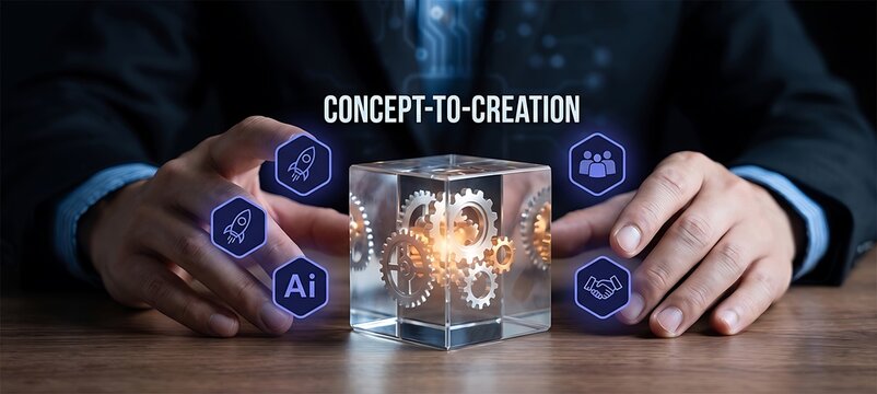 Hands holding futuristic concept cube with ai and technology icons