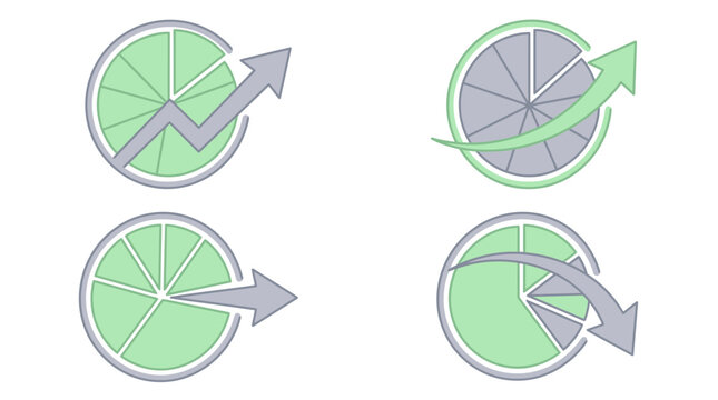 Four pie chart icons with arrows showing business trends