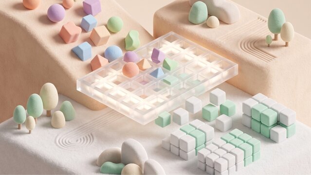 Soft isometric 3D cloud asset grid with geometric blocks transforming through a frosted glass lattice