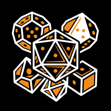 A collection of orange and white polyhedral dice on black