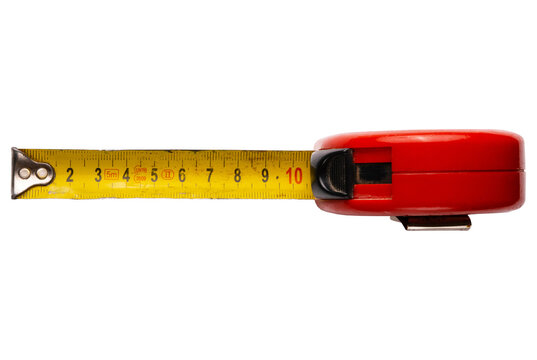 red tape measure isolated on transparent background. A metal measuring tape extends diagonally across a dramatic dark. Concept of exact precision, industrial construction planning. PNG