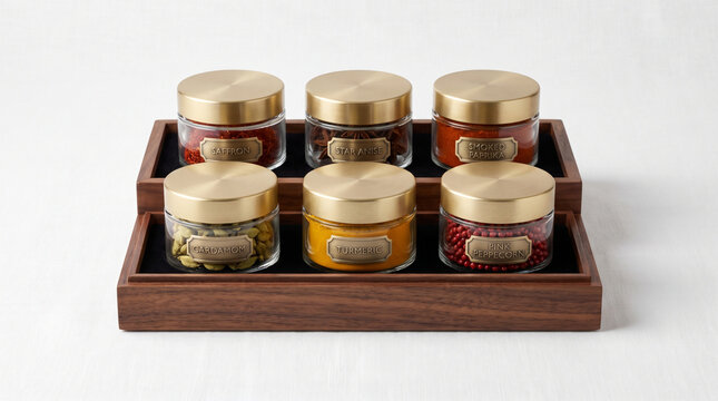 Six glass spice jars with brass lids arranged on a dark wood tiered stand during studio lighting