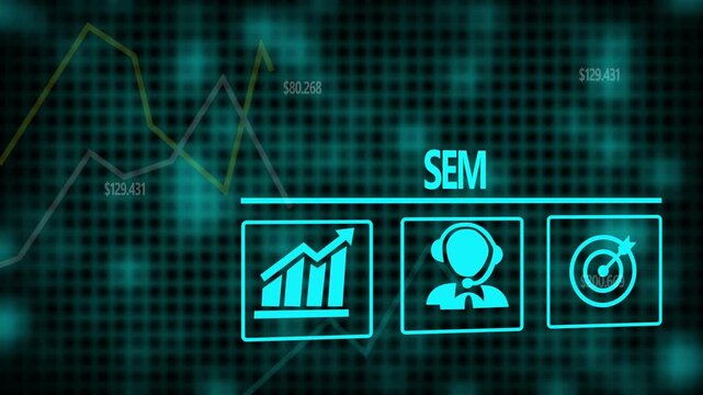 A New SEM business concept on a flashing computer monitor with moving graphs and data.