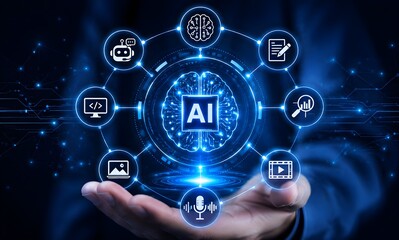 Fototapeta premium Hand presenting ai brain hologram with multimedia capability icons