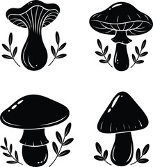 Mystical mushroom silhouette vector collection with forest leaves and magical fungus shapes for celestial design © Arishfa