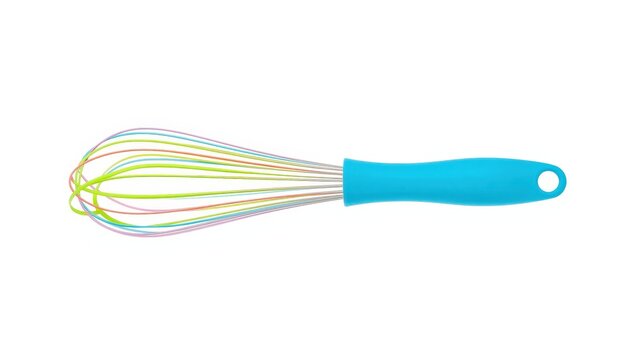 Isolated silicon whisks in pink, blue, and green for baking and cooking.