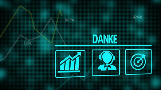 Danke &ldquo;Thank You&rdquo; German business concept on a flashing computer monitor with moving graphs and data.