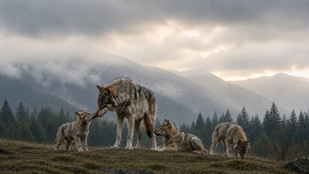 The wolf and its cubs are spending time together