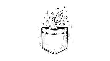 Hand drawn vector illustration of a small rocket ship blasting off from inside a shirt pocket surrounded by cute stars in a simple doodle art style © Lin ford