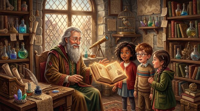 Old wizard reading glowing magic book to three young children