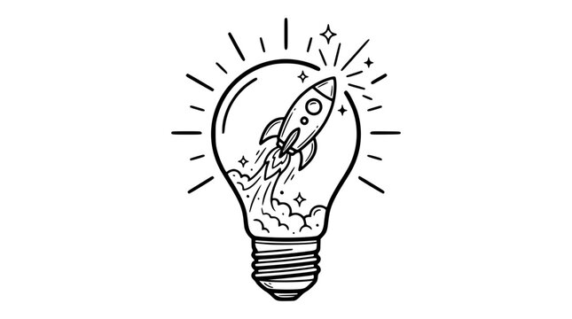 Minimalist black and white vector illustration showing a rocket ship launching inside a glowing light bulb representing creative ideas and startup growth for modern business projects