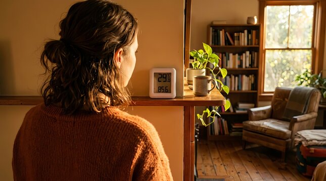 Young woman relaxing in a cozy sunlit home interior.