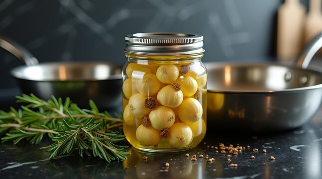 A glass jar filled with pickled garlic cloves preserved in olive oil with rosemary and peppercorns on a dark marble countertop.