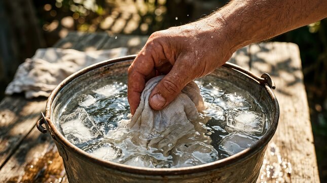 A man cooling a piece of fabric in a metal bucket filled with ice and water.