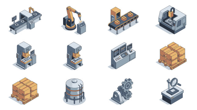 Isometric industrial factory equipment and machinery icons set, including robotic arms, conveyor belts, and manufacturing machines.