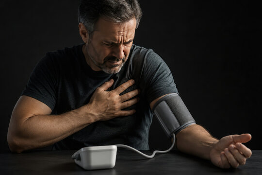Middle Aged Man with Chest Pain Measuring Blood Pressure at Home