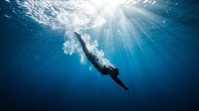 A woman swimming underwater in the deep blue ocean.