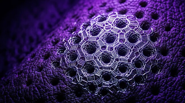 Abstract microscopic view of a complex 3D printed nanostructure with geometric hexagonal patterns in deep purple lighting.