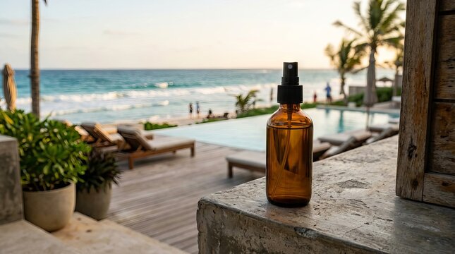 Amber spray bottle on a tropical resort balcony overlooking the ocean.