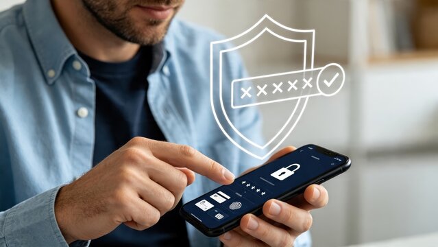 Man Entering Password on Smartphone with Floating Shield Icon Representing Cybersecurity, Data Protection