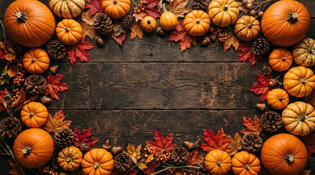Autumn harvest pumpkins and colorful fall leaves frame on dark rustic wooden background.