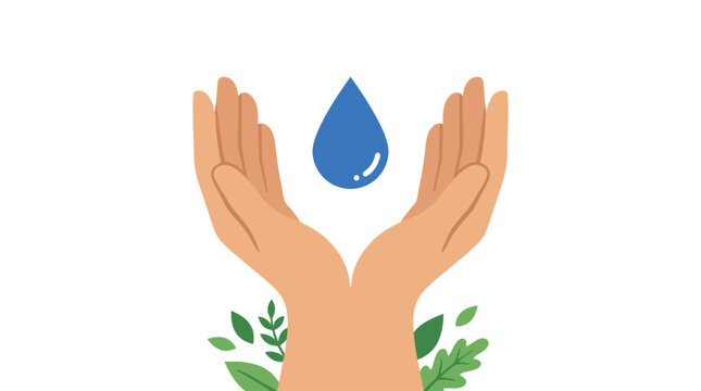 Two cupped hands gently hold a single drop of water above green leaves