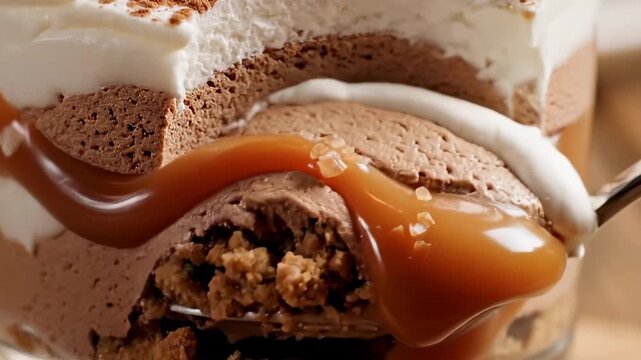 spoon scooping chocolate dessert close-up macro, creamy layered mousse with caramel sauce in glass, rich sweet texture and indulgent food concept, appetizing treat for dessert menus and ads