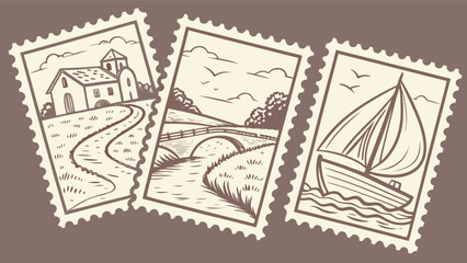 Vintage postage stamps displaying stone house bridge landscape and sailboat at sea with sailboat collection landscape © wall