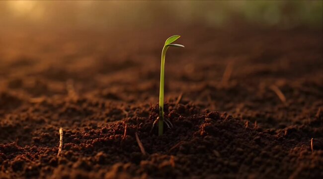 Sustainabilitysprout soil seedling growth sustainability plant agriculture nature earth green young emerging from rich brown soil in warm sunrise light showing farming ecology fresh life