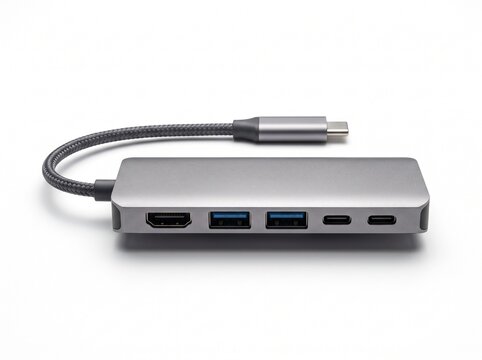 Modern Gray Metallic USB-C Multiport Adapter Hub for Laptop Connectivity and Data Transfer
