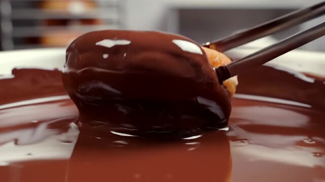 donut being dipped into rich melted chocolate with glossy texture and smooth coating, indulgent dessert preparation in close-up macro style, sweet bakery concept