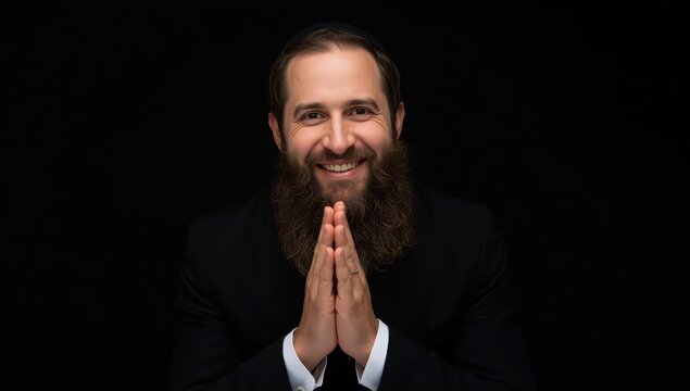 Orthodox Jewish man holding hands. Studio photo on dark backdrop.