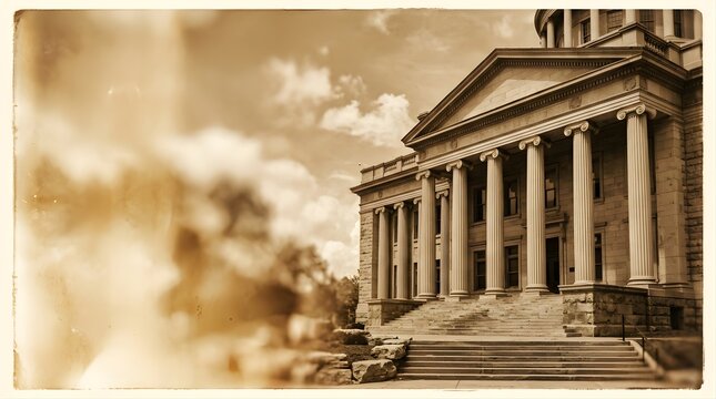 Historical government building exterior with classical columns in sepia