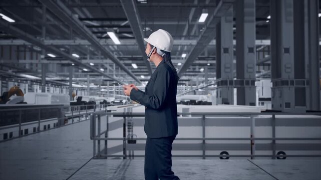 Side View of Asian Businesswoman Use Smartphone While Walking and Looking Around at Modern Solar Panel Manufacturing Factory with Automated Robotic Assembly Line
