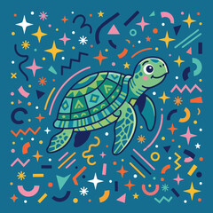 Obraz premium Cartoon Sea Turtle with Colorful Geometric Shapes and Stars