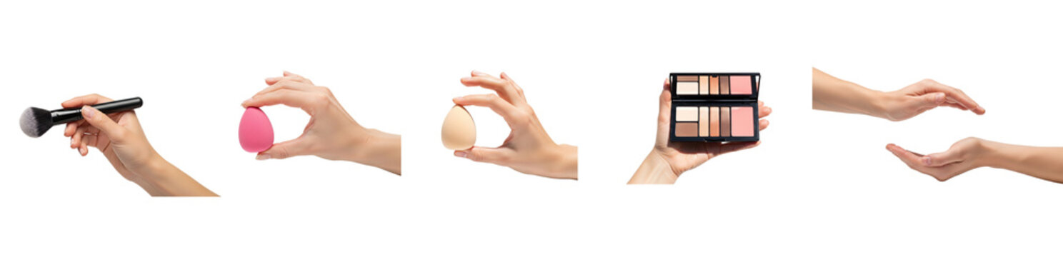 Collection of hands holding a different makeup tool and product. hand holds a makeup brush, a makeup sponge, a powder puff, a blush palette, and the last hand holds a lipstick.