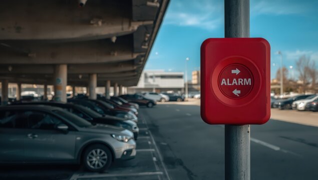 Panic button in parking area for safety and crime prevention.