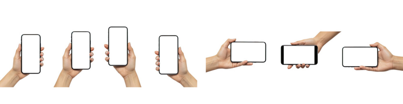 Collection of hands hold smartphones in different orientations. The hands are brown and appear to belong to a young adult.
